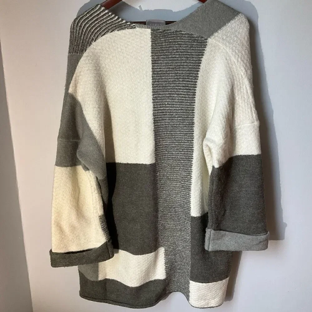Cyrus Open Patchwork Coatigan/Sweater Coat. S. Grey and Cream Colorblock